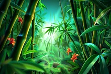 A Sunlit Path Winds Through A Dense Bamboo Forest With Lush Green Foliage, Exotic Tropical Plants, And Vibrant Orange Flowers, Creating A Serene And Magical Atmosphere.
