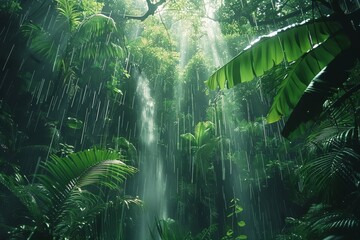 Sunlight filters through lush foliage as a waterfall cascades down moss-covered rocks in a tropical rainforest. A captivating scene of vibrant nature and jungle beauty.
