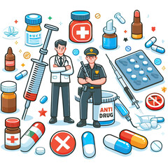 Wall Mural - set of medical  and drugs and anti drugs day  icons 