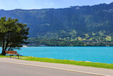 Fototapeta  - stunning Swiss Alpine Lake at Interlaken, Switzerland, well-known tourist destination, crystal clear aquarium lake, emerald green and blue lake, pure and crystal-clear water