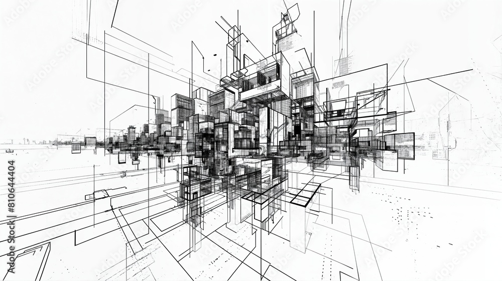 Complex architectural ink drawing of a modern building. Stock ...