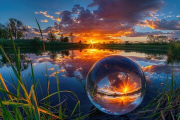 Wall Mural - A crystal-clear lake reflecting the vibrant colors of a stunning sunset within the lens ball.