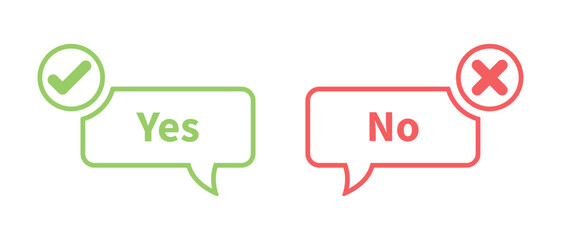 Yes and no icon with tick and cross symbol call out style in colored stroke. Yes and no buttons in green and red colors. Flat design of correct or incorrect vote question. Wrong or right answer.