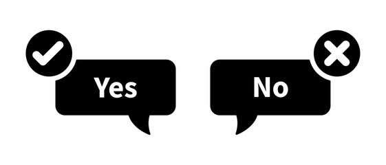 Aufkleber - Yes and no icon with tick and cross symbol call out style in black color. Yes and no buttons symbol. Flat design of correct or incorrect vote question. Wrong or right answer.