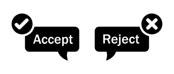 Aufkleber - Accept and reject button icon with tick and cross symbol in call out style in black and white. Right and wrong buttons symbols. Check box icon with right and wrong sign. Vector