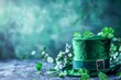 Green Hat and Clover Leaves Spread on a Textured Background for St. Patricks Day Celebration