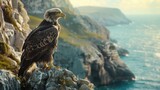Fototapeta  - A close-up of a majestic, bald eagle perched on a cliff overlooking the sea.