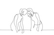 women standing resting their foreheads against each other - one line art vector. concept homosexual couple or female friends in confrontation or conflict, hardheaded or stubborn people