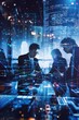 Silhouetted Business Team in a Meeting Against a High-Tech Digital Background