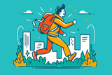 Fototapeta  - A man with a backpack is running in the city, 2d illustration flat vector simplicity. yellow and blue tone white background.