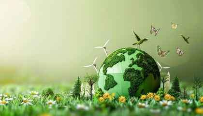 Wall Mural - a green and gold globe is surrounded by leaves and flowers by ai generated image