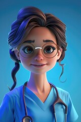 Poster - A cartoon girl wearing a blue shirt and glasses with a stethoscope