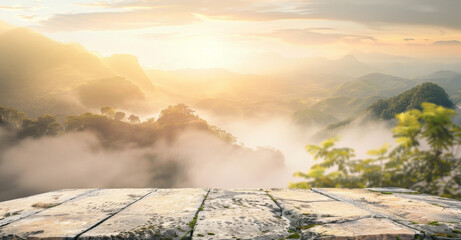 Wall Mural - A wooden table with a view of mountains in the background by AI generated image