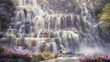Wodospad opadający z klifu, w tle gładka skała oraz kwiaty w pierwszym planie. Praca ta ukazuje harmonię pomiędzy żywiołami natury, tworząc wrażenie spokoju i piękna krajobrazu