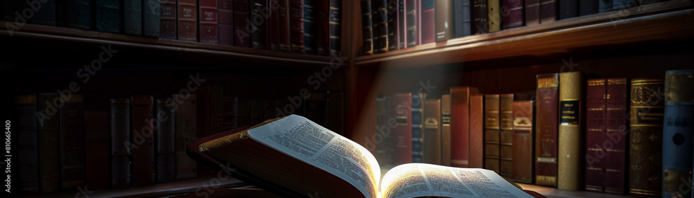 Dim library corner, a Bible illuminated by a single beam of light ...