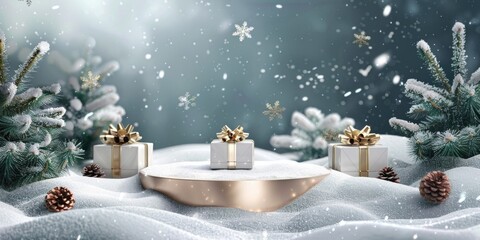 Sticker - A Christmas scene with three white boxes on a snow-covered ground