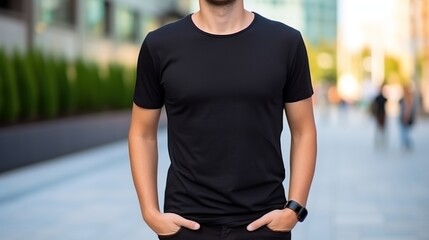 Canvas Print - potrait man wearing casual black shirt standing outdoors. Front look. Retail concept. mock up