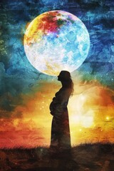 Wall Mural - a woman is standing in front of a large moon