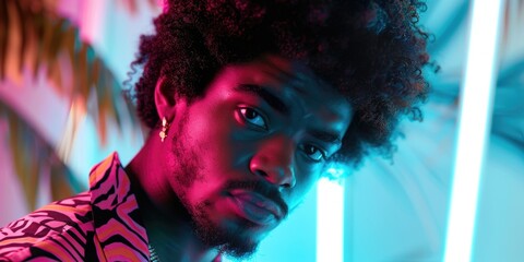 Poster - A man with a beard and dreadlocks is standing in front of a neon sign