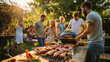 A group of friends having a barbecue in a backyard, with a variety of grilled meats and vegetables on the table