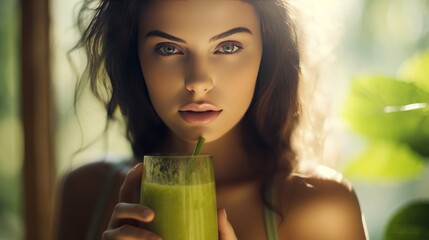 woman holding a vibrant green detox smoothie in her hand, 