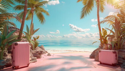 Wall Mural - Two pink suitcases are on a beach, with palm trees in the background by AI generated image