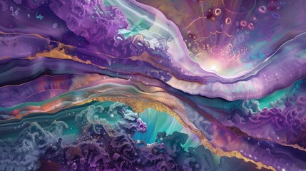 Fototapeta w obrazie występuje abstrakcyjna sceneria snu, gdzie dominującymi kolorami są fiolet, niebieski i zielony, ukazujące góry i inne formy abstrakcyjne