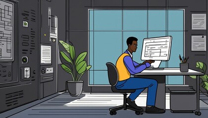 Man using project management software at work. Copy space image. Place for adding text