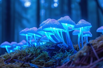 Surreal bioluminescent mushroom forest photo on white isolated background