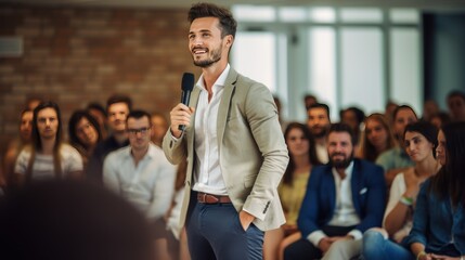 Wall Mural - A young male entrepreneur, with a determined expression and a hint of a smile, 