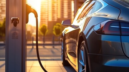 An electric car charging station with a cityscape in the background. ,