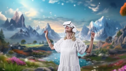 Wall Mural - Impressive woman looking around through VR in fairytale forest mountain ice of wonderland snowfall landscape getting fresh air in meta magical world fantasy jungle creativity in winter. Contraption.