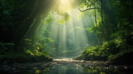 Wall Mural - Lush green rainforest with sunlight streaming through the trees, 