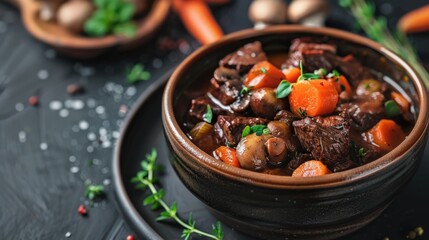 Poster - Beef and vegetable stew in a dark bowl. Close-up food photography.