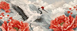 Japanese background with Red-Crowned Crane and Peonies in Flight. Vibrant illustration of a red-crowned crane flying among large red peonies against a backdrop. art abstract banner design