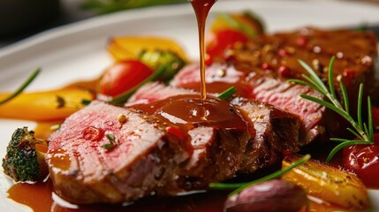 Wall Mural - Grilled steak with sauce and vegetables. Close-up food photography.