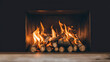 Christmas time, cozy fireplace. Wood logs burning, fire bricks background, relaxation and warm home.	