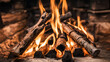 Christmas time, cozy fireplace. Wood logs burning, fire bricks background, relaxation and warm home.	