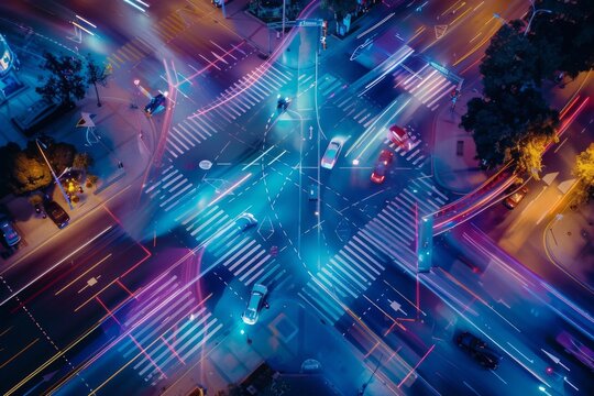 Aerial view of a futuristic smart city intersection at night, featuring illuminated digital connections representing data flow and technology.