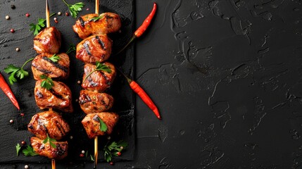 Wall Mural - Grilled Chicken Skewers on Dark Slate Background with Spices