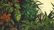 Na obrazie przedstawione są szczegółowe ilustracje roślin tropikalnych i kwiatów. Obrazy są bardzo realistyczne, ukazując detale liści, kwiatów i pąków
