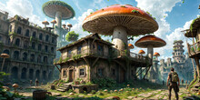 A Post-apocalyptic World With Giant Mushrooms Growing Out Of The Ruins Of Cities, With People Living In Treehouses. The Mushrooms Should Be Tall And Colorful, And They Should Be The Only Plant Life