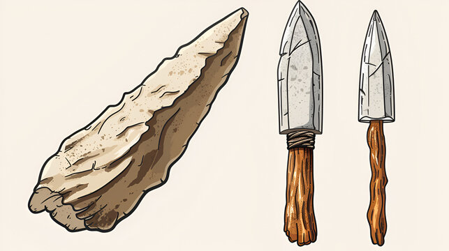 Stone age primitive knife rock tool or old stick. Ancient prehistoric caveman weapon for hunting. Prehistory archaeology hunter item. Flint and wooden neanderthal people equipment drawing design