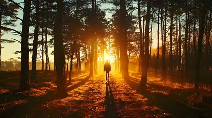 Ethereal Farewell Silhouetted Figure Embarking on a Tranquil Forest Journey as the Sun Dips Below the Horizon