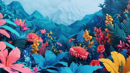 Fototapeta obraz przedstawia kwiaty i rośliny w otoczeniu gór w tle. dzięki technice graffiti autor stworzył realistyczne dzieło sztuki