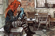 Woman with ginger hair and cat wearing striped tights sits in an old coffee