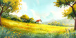 Beautiful outdoor nature scenery with hause in summer. Spring landscape illustration.