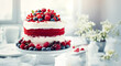 Red Velvet cake with a  white cream texture, adorned with fresh berries. Holiday desserts.