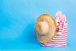 Stylish bag with beach accessories . Summer holiday concept. beach bag with straw hat with space for text