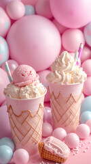 Wall Mural - Two cups of ice cream with pink straws and a pink background